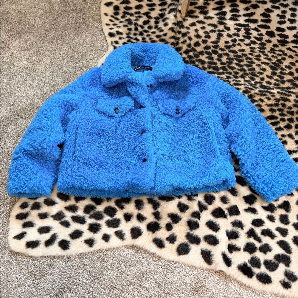 ZARA TEDDY SHEARTLING FAUX FUR BLUE DESIGNER RUNWAY STYLE MOTO JACKET COAT